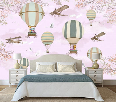 Воздушные шары на розовом небе в интерьере спальни