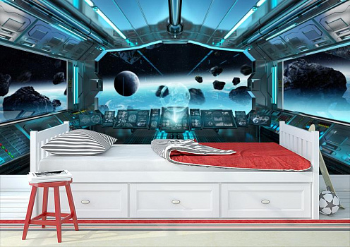 Космический корабль в космосе в интерьере детской комнаты мальчика