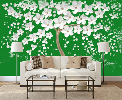 Белые цветы на зеленом фоне в интерьере гостиной с диваном