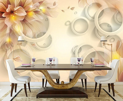 Цветок в белых кругах в интерьере кухни с большим столом