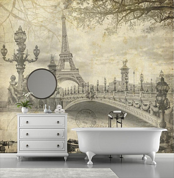 Париж на старой картинке в интерьере ванной