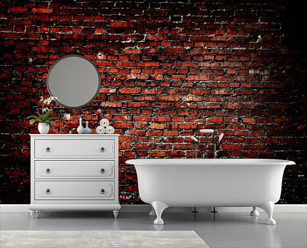 Черно-красная стена из кирпича в интерьере ванной