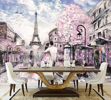 Прогулка по Парижу в интерьере кухни с большим столом
