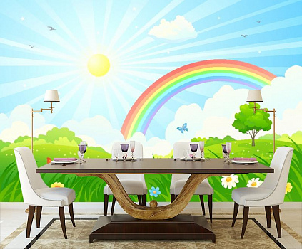 Радужный день в интерьере кухни с большим столом