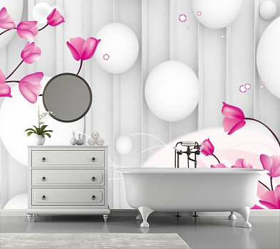 Белые шары с нежными цветочками в интерьере ванной