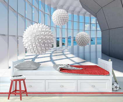 Белые шары в воздухе в интерьере детской комнаты мальчика