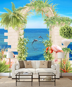 Фламинго с дельфинами в интерьере гостиной с диваном