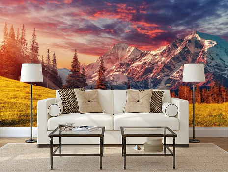 Снежные вершины в интерьере гостиной с диваном