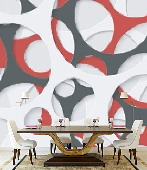 Круги белые, красные, черные в интерьере кухни с большим столом