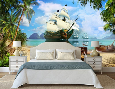 Корабли у необитаемого острова в интерьере спальни