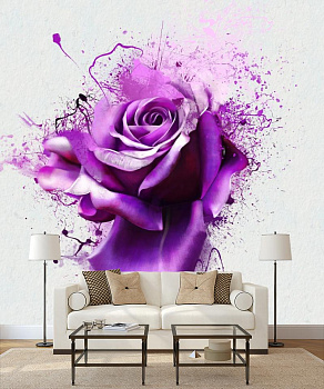 Яркая роза на белом в интерьере гостиной с диваном