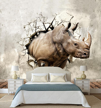 Носорог в стене в интерьере спальни