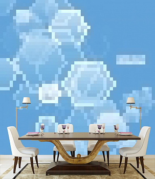 Голубая абстракция в интерьере кухни с большим столом