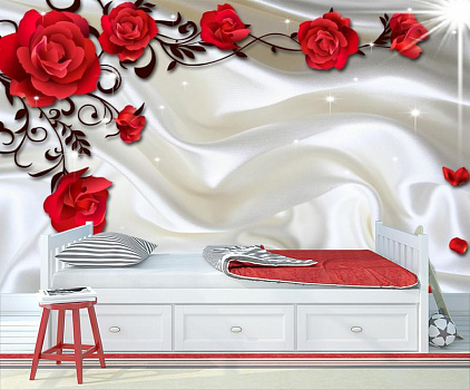 Алые розы на белом шелке в интерьере детской комнаты мальчика