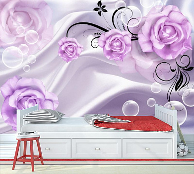 Воздушные пузыри с розами на белом шелке в интерьере детской комнаты мальчика