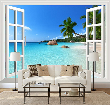 Окно на тропическое побережье в интерьере гостиной с диваном