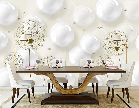 Белые шары в интерьере кухни с большим столом