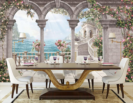 Лестница вдоль моря в интерьере кухни с большим столом