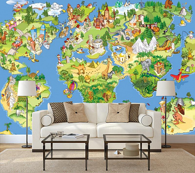 Веселая карта мира в интерьере гостиной с диваном