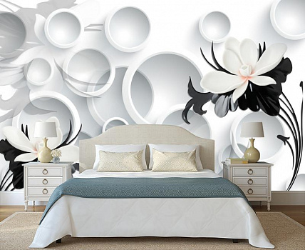 Белые лепестки на фоне 3D кругов в интерьере спальни