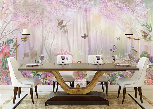 розовые фламинго в лесу в интерьере кухни с большим столом