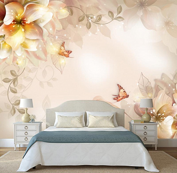 Бабочки с цветами в интерьере спальни
