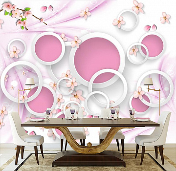 Розовые круги с цветами сакуры в интерьере кухни с большим столом