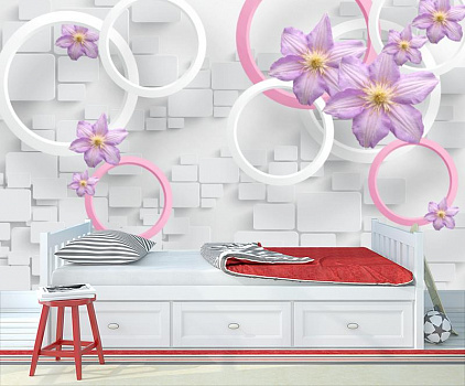 Белые и розовые кольца с цветами в интерьере детской комнаты мальчика