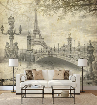 Париж на старой картинке в интерьере гостиной с диваном