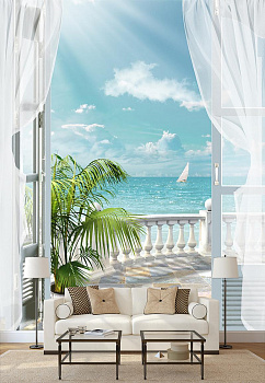 Балкон с видом на море в интерьере гостиной с диваном