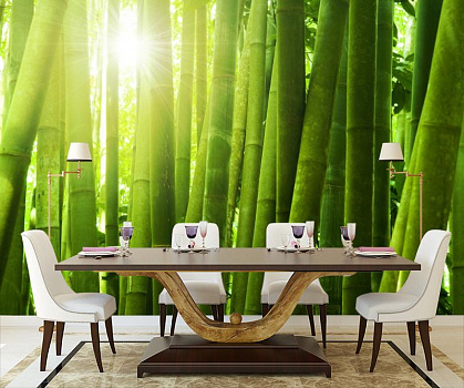Светящийся бамбук в интерьере кухни с большим столом