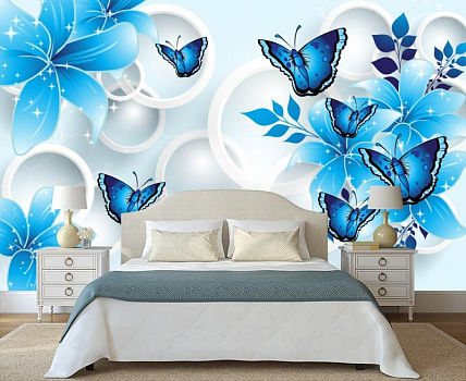 Голубые бабочки с белыми кругами в интерьере спальни