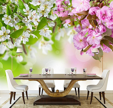 Вишня в цвету в интерьере кухни с большим столом
