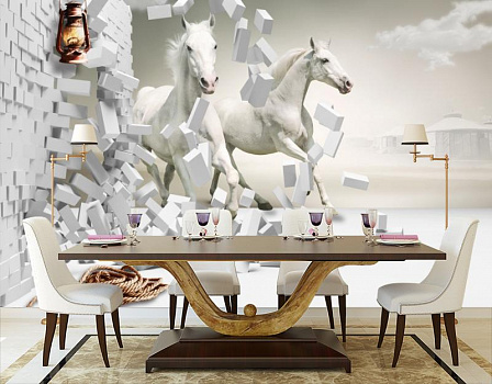 Белые лошади на фоне юрт в интерьере кухни с большим столом