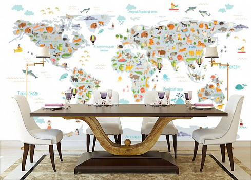 Карта мира из животных в интерьере кухни с большим столом
