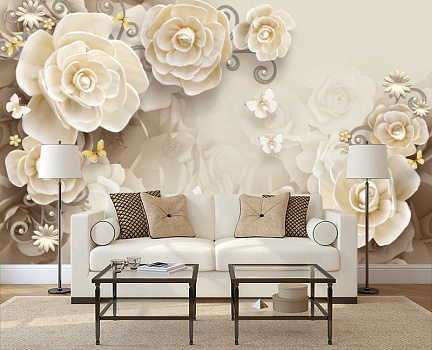 Белые бабочки с цветами  в интерьере гостиной с диваном