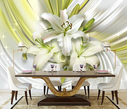 Лилии в белом шелке в интерьере кухни с большим столом