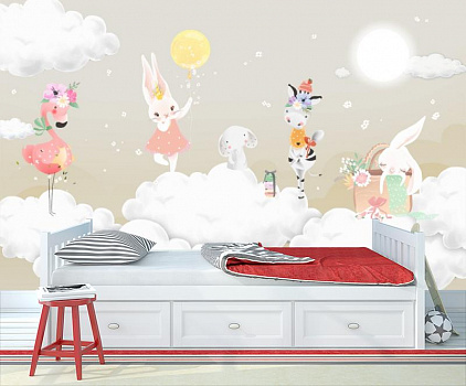 Зайчики и птички на облаках в интерьере детской комнаты мальчика