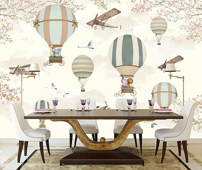Животные на воздушных шарах в интерьере кухни с большим столом
