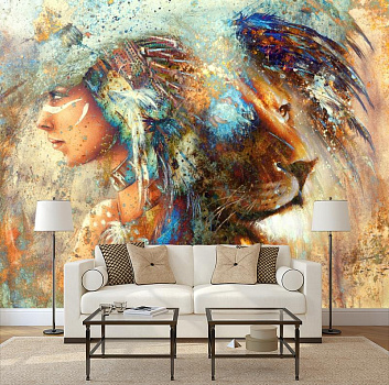 Девушка и лев в интерьере гостиной с диваном