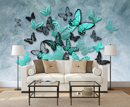 Бирюзовые бабочки на стене в интерьере гостиной с диваном