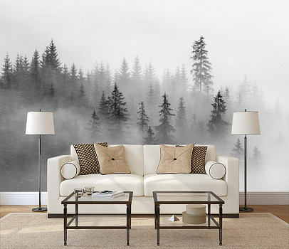 Елки в тумане в интерьере гостиной с диваном