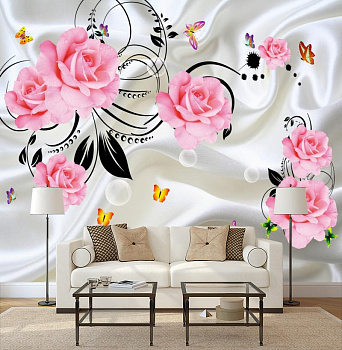 Розы с бабочками на белом шелке в интерьере гостиной с диваном