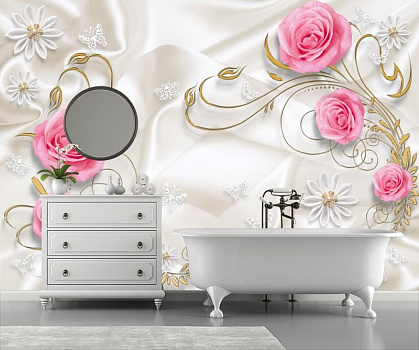 Розовые розы на белом шелке в интерьере ванной
