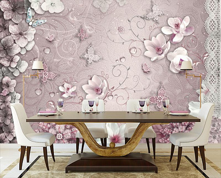 Magic flowers розовые в интерьере кухни с большим столом