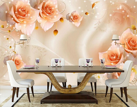 Композиция с бежевыми розами в интерьере кухни с большим столом