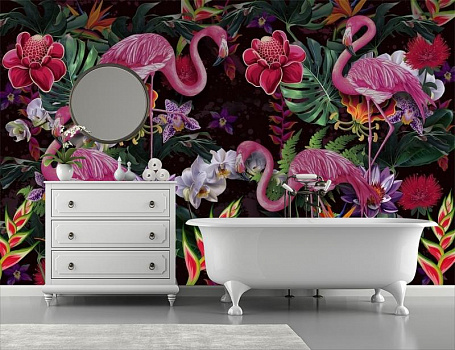Фламинго в цветочном оазисе в интерьере ванной