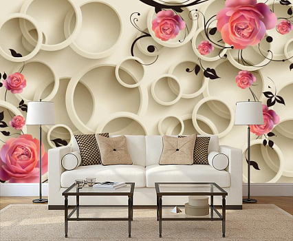 Розы на белых кругах в интерьере гостиной с диваном