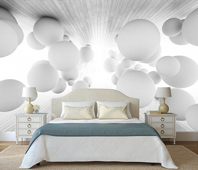 Парящие белые шары в интерьере спальни