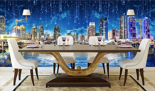 Ночной город в голубых тонах в интерьере кухни с большим столом
